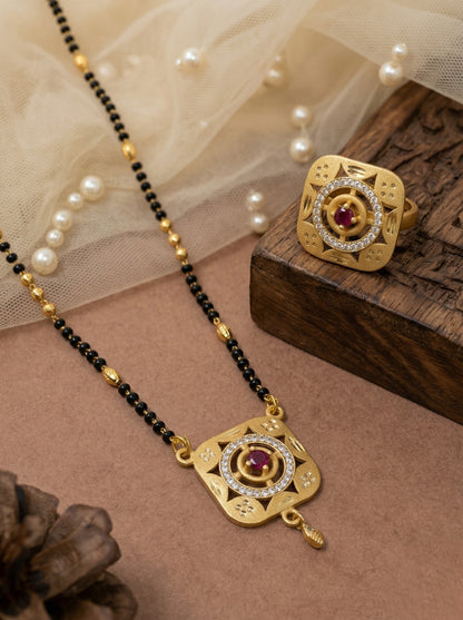 Meira Jewellery Gold Plated Mangalsutra and Ring Combo Set for Women, Black Bead Chain with Stone Studded Pendant & Matching Ring, Traditional Jewellery with Modern Touch for Wedding, Festivals-07