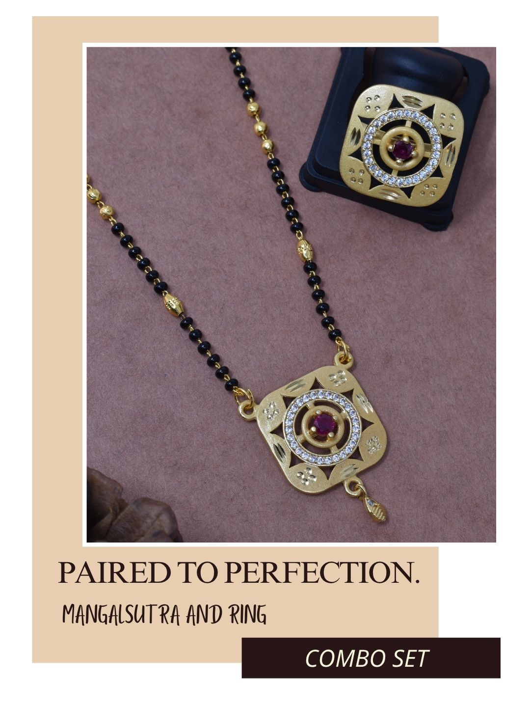 Meira Jewellery Gold Plated Mangalsutra and Ring Combo Set for Women, Black Bead Chain with Stone Studded Pendant & Matching Ring, Traditional Jewellery with Modern Touch for Wedding, Festivals-07