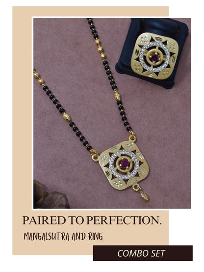 Meira Jewellery Gold Plated Mangalsutra and Ring Combo Set for Women, Black Bead Chain with Stone Studded Pendant & Matching Ring, Traditional Jewellery with Modern Touch for Wedding, Festivals-07