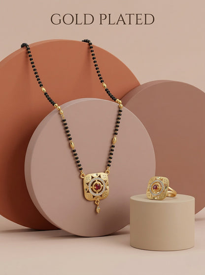 Meira Jewellery Gold Plated Mangalsutra and Ring Combo Set for Women, Black Bead Chain with Stone Studded Pendant & Matching Ring, Traditional Jewellery with Modern Touch for Wedding, Festivals-07