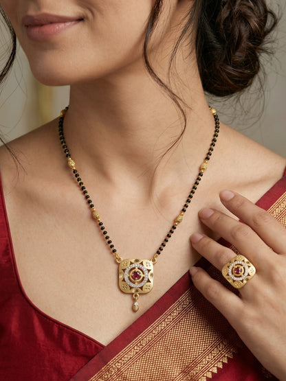 Meira Jewellery Gold Plated Mangalsutra and Ring Combo Set for Women, Black Bead Chain with Stone Studded Pendant & Matching Ring, Traditional Jewellery with Modern Touch for Wedding, Festivals-08