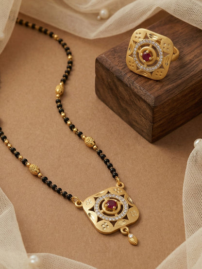 Meira Jewellery Gold Plated Mangalsutra and Ring Combo Set for Women, Black Bead Chain with Stone Studded Pendant & Matching Ring, Traditional Jewellery with Modern Touch for Wedding, Festivals-08