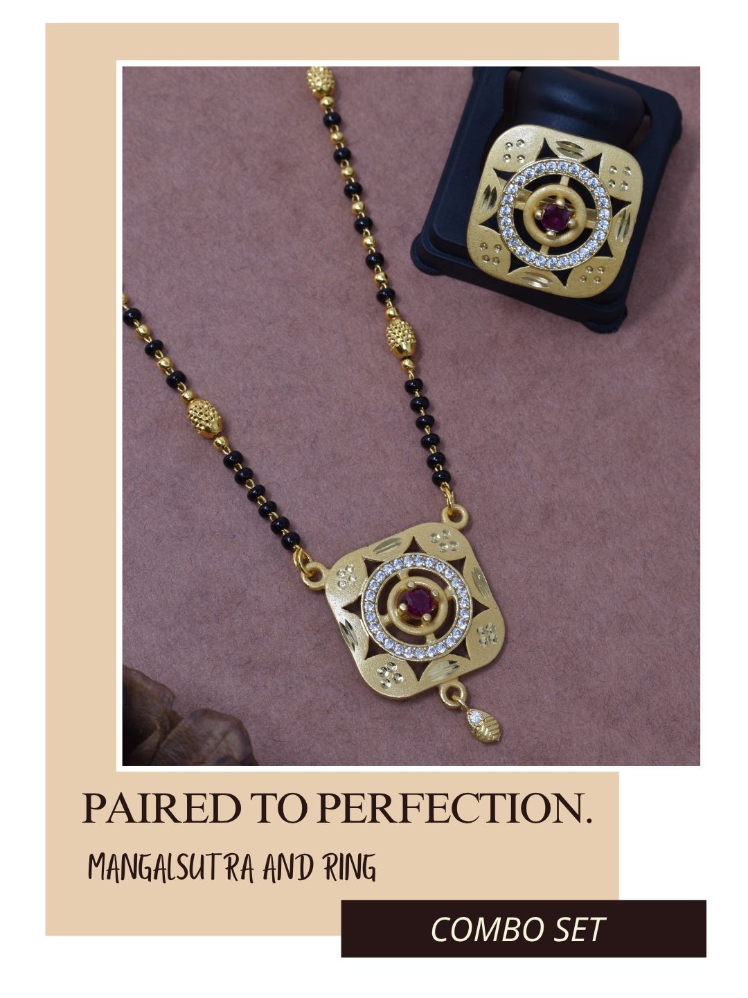Meira Jewellery Gold Plated Mangalsutra and Ring Combo Set for Women, Black Bead Chain with Stone Studded Pendant & Matching Ring, Traditional Jewellery with Modern Touch for Wedding, Festivals-08