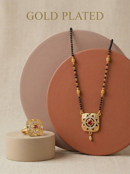 Meira Jewellery Gold Plated Mangalsutra and Ring Combo Set for Women, Black Bead Chain with Stone Studded Pendant & Matching Ring, Traditional Jewellery with Modern Touch for Wedding, Festivals-08
