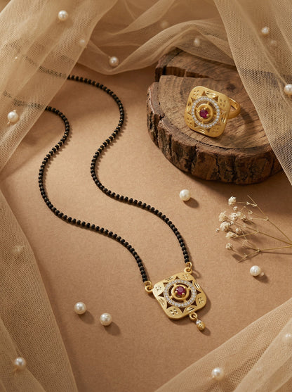 Meira Jewellery Gold Plated Mangalsutra and Ring Combo Set for Women, Black Bead Chain with Stone Studded Pendant & Matching Ring, Traditional Jewellery with Modern Touch for Wedding, Festivals-09