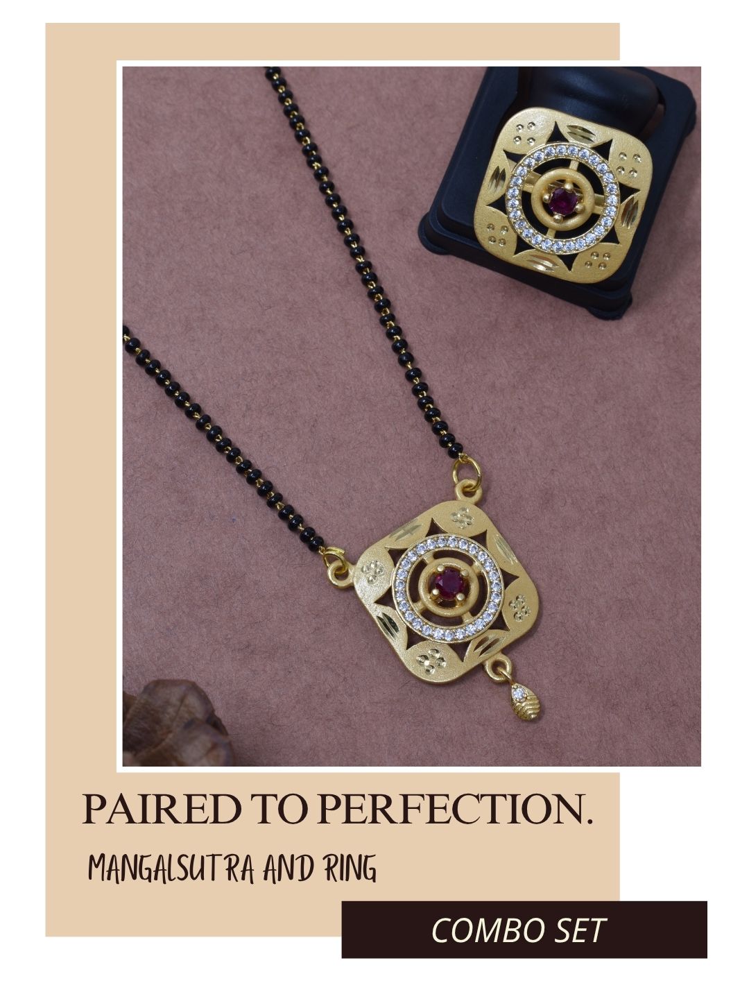 Meira Jewellery Gold Plated Mangalsutra and Ring Combo Set for Women, Black Bead Chain with Stone Studded Pendant & Matching Ring, Traditional Jewellery with Modern Touch for Wedding, Festivals-09