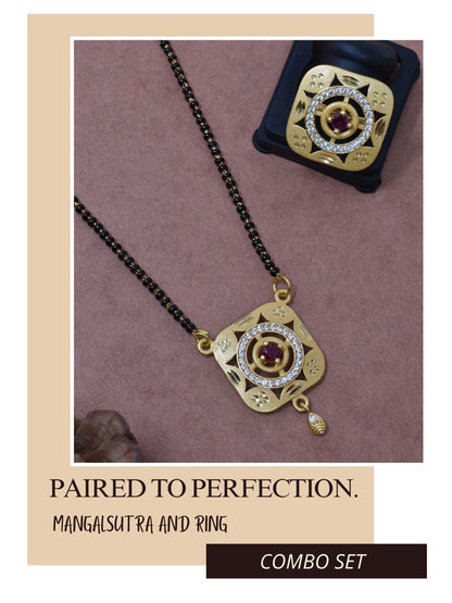 Meira Jewellery Gold Plated Mangalsutra and Ring Combo Set for Women, Black Bead Chain with Stone Studded Pendant & Matching Ring, Traditional Jewellery with Modern Touch for Wedding, Festivals-09