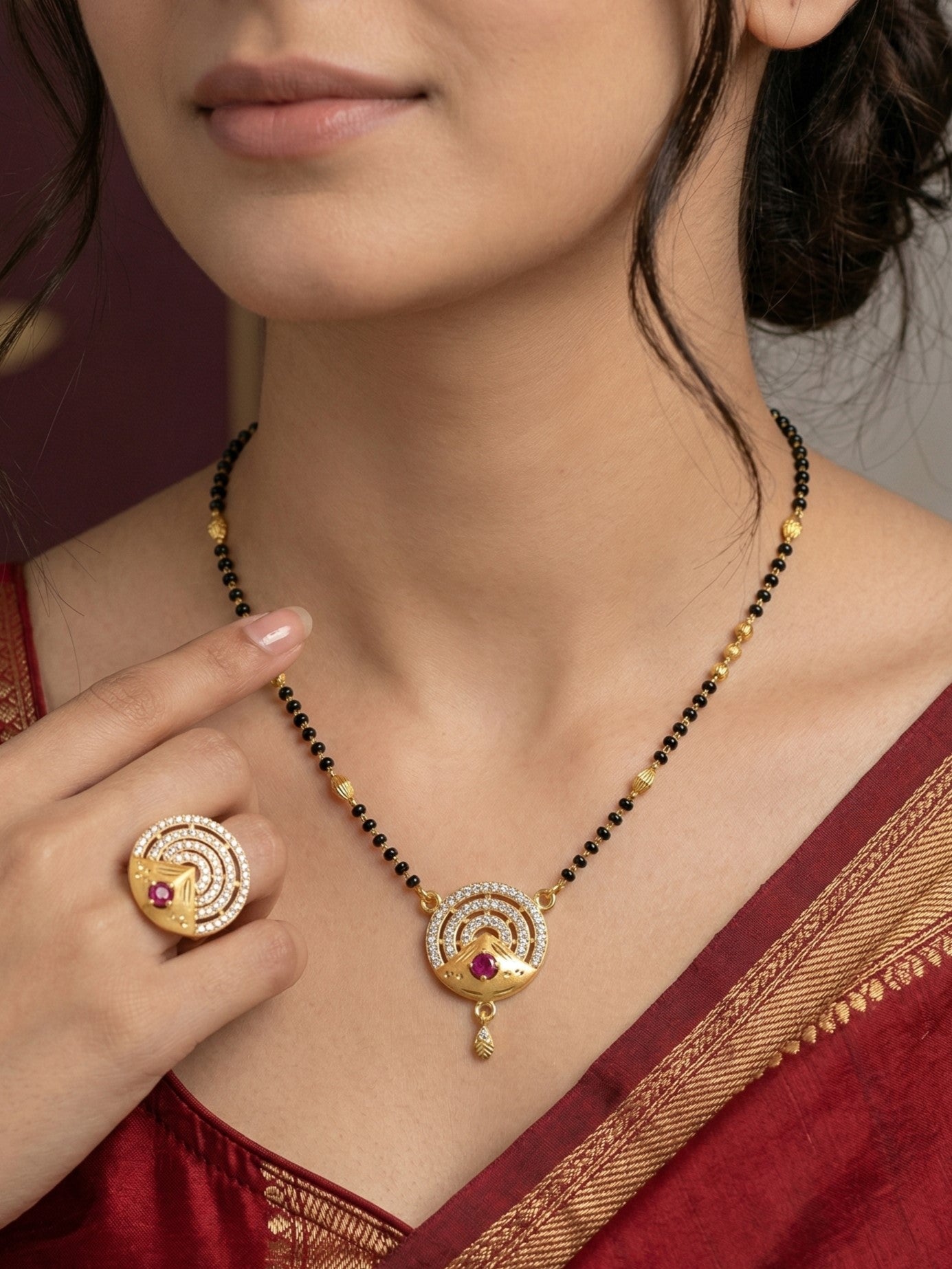 Meira Jewellery Gold Plated Mangalsutra and Ring Combo Set for Women, Black Bead Chain with Stone Studded Pendant & Matching Ring, Traditional Jewellery with Modern Touch for Wedding, Festivals-10