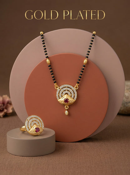 Meira Jewellery Gold Plated Mangalsutra and Ring Combo Set for Women, Black Bead Chain with Stone Studded Pendant & Matching Ring, Traditional Jewellery with Modern Touch for Wedding, Festivals-10