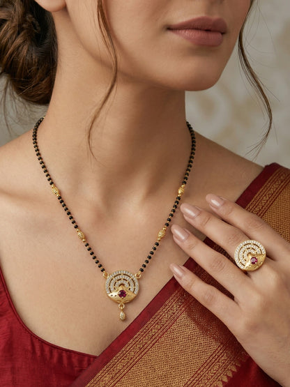Meira Jewellery Gold Plated Mangalsutra and Ring Combo Set for Women, Black Bead Chain with Stone Studded Pendant & Matching Ring, Traditional Jewellery with Modern Touch for Wedding, Festivals-11