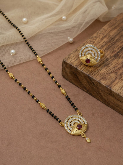 Meira Jewellery Gold Plated Mangalsutra and Ring Combo Set for Women, Black Bead Chain with Stone Studded Pendant & Matching Ring, Traditional Jewellery with Modern Touch for Wedding, Festivals-11