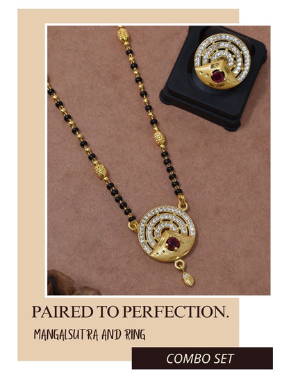 Meira Jewellery Gold Plated Mangalsutra and Ring Combo Set for Women, Black Bead Chain with Stone Studded Pendant & Matching Ring, Traditional Jewellery with Modern Touch for Wedding, Festivals-11