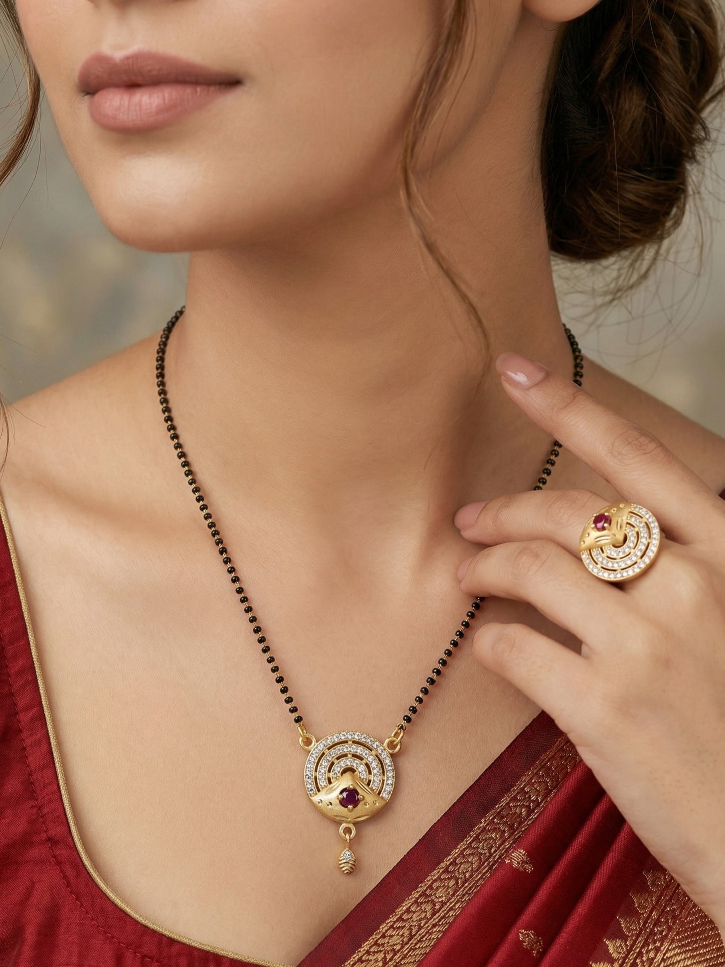 Meira Jewellery Gold Plated Mangalsutra and Ring Combo Set for Women, Black Bead Chain with Stone Studded Pendant & Matching Ring, Traditional Jewellery with Modern Touch for Wedding, Festivals-12
