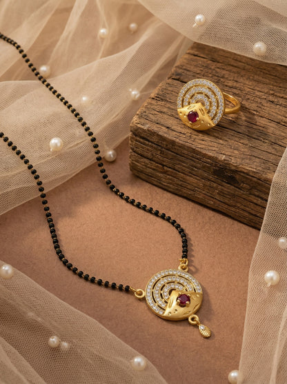 Meira Jewellery Gold Plated Mangalsutra and Ring Combo Set for Women, Black Bead Chain with Stone Studded Pendant & Matching Ring, Traditional Jewellery with Modern Touch for Wedding, Festivals-12