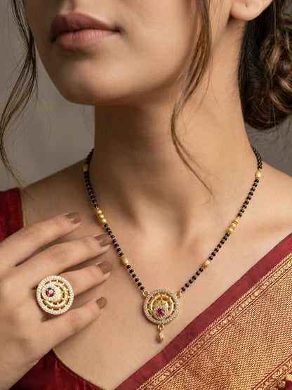 Meira Jewellery Gold Plated Mangalsutra and Ring Combo Set for Women, Black Bead Chain with Stone Studded Pendant & Matching Ring, Traditional Jewellery with Modern Touch for Wedding, Festivals-13