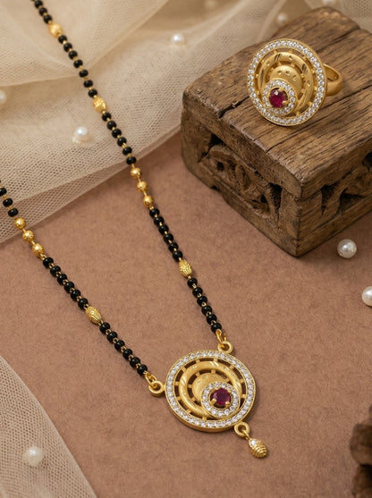 Meira Jewellery Gold Plated Mangalsutra and Ring Combo Set for Women, Black Bead Chain with Stone Studded Pendant & Matching Ring, Traditional Jewellery with Modern Touch for Wedding, Festivals-13