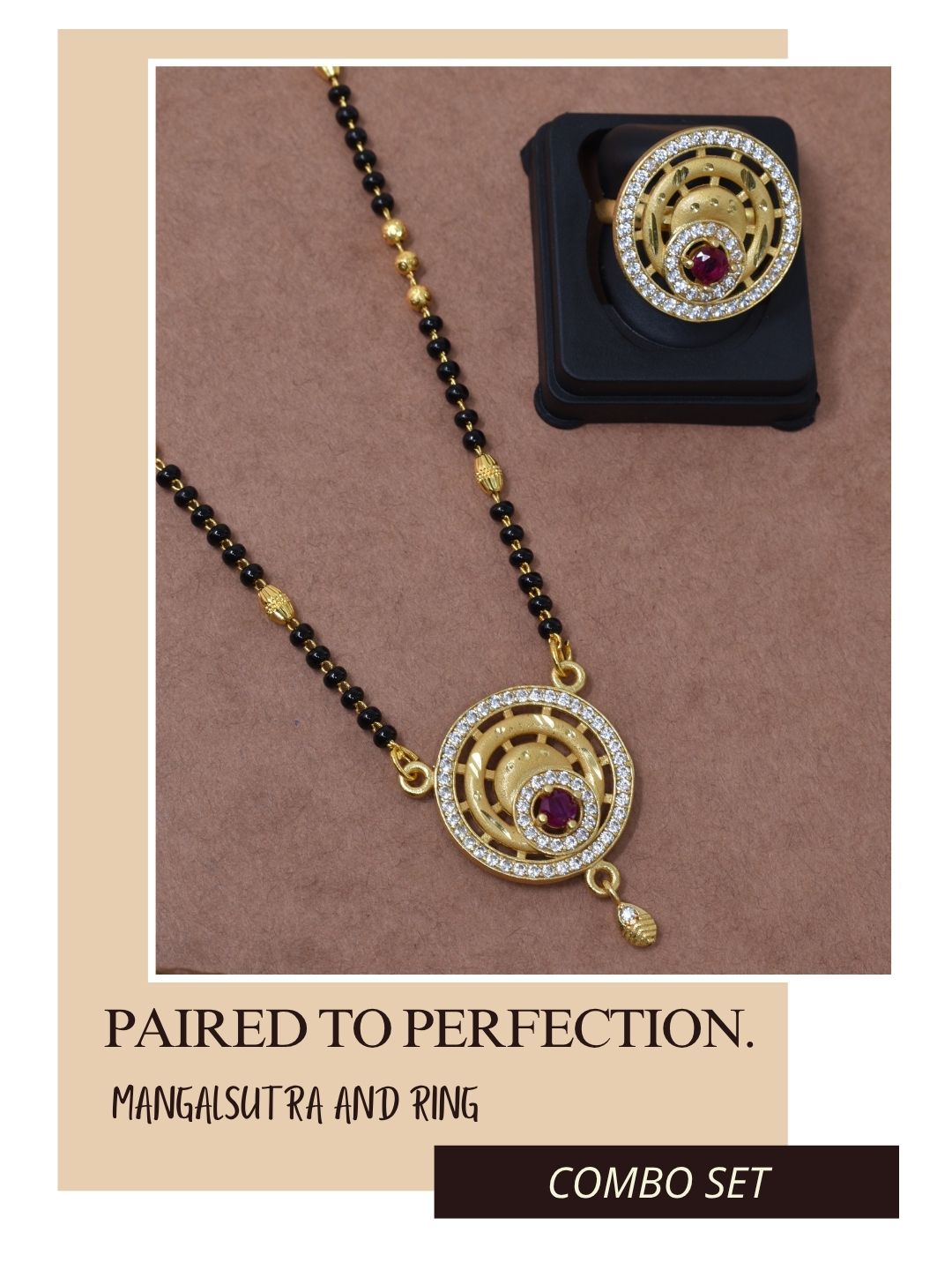 Meira Jewellery Gold Plated Mangalsutra and Ring Combo Set for Women, Black Bead Chain with Stone Studded Pendant & Matching Ring, Traditional Jewellery with Modern Touch for Wedding, Festivals-13