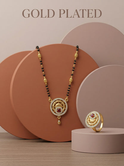Meira Jewellery Gold Plated Mangalsutra and Ring Combo Set for Women, Black Bead Chain with Stone Studded Pendant & Matching Ring, Traditional Jewellery with Modern Touch for Wedding, Festivals-14