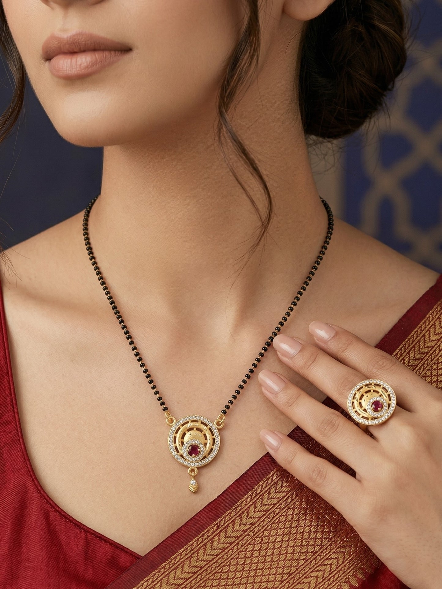 Meira Jewellery Gold Plated Mangalsutra and Ring Combo Set for Women, Black Bead Chain with Stone Studded Pendant & Matching Ring, Traditional Jewellery with Modern Touch for Wedding, Festivals-15