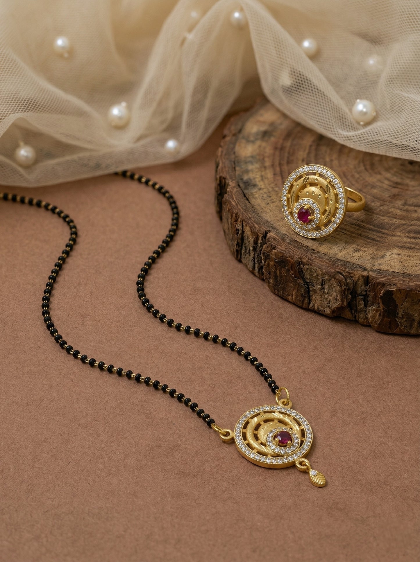 Meira Jewellery Gold Plated Mangalsutra and Ring Combo Set for Women, Black Bead Chain with Stone Studded Pendant & Matching Ring, Traditional Jewellery with Modern Touch for Wedding, Festivals-15