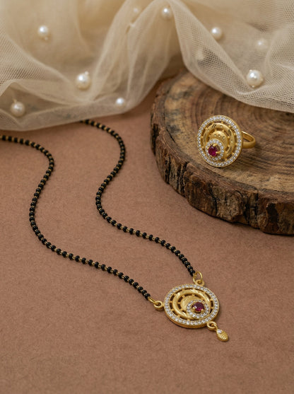 Meira Jewellery Gold Plated Mangalsutra and Ring Combo Set for Women, Black Bead Chain with Stone Studded Pendant & Matching Ring, Traditional Jewellery with Modern Touch for Wedding, Festivals-15