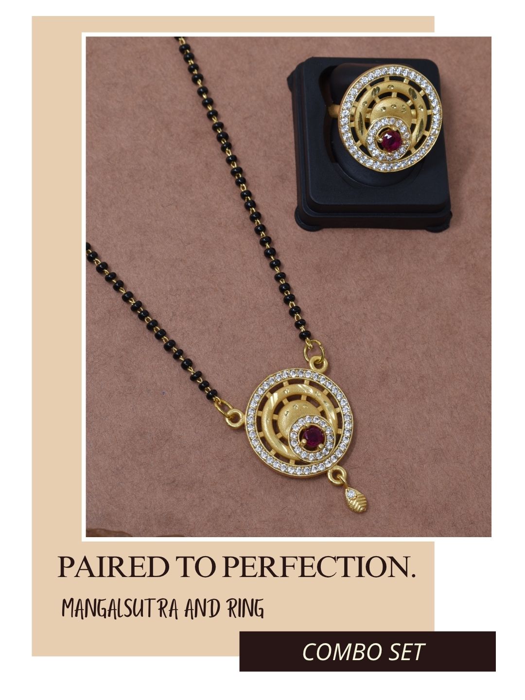 Meira Jewellery Gold Plated Mangalsutra and Ring Combo Set for Women, Black Bead Chain with Stone Studded Pendant & Matching Ring, Traditional Jewellery with Modern Touch for Wedding, Festivals-15