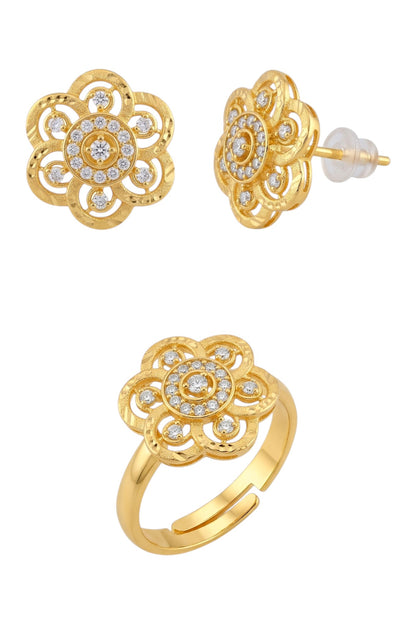 Gold-Toned Earrings and Ring Combo Set with Premium Sparkling Stone Finish for Women & Girls