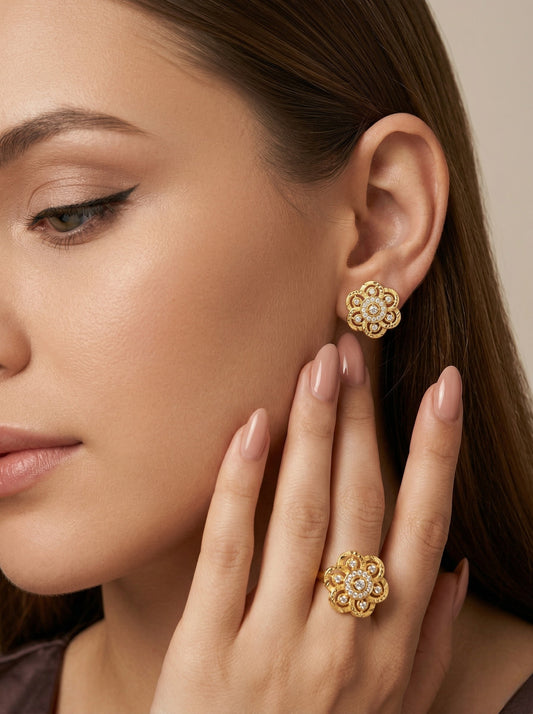 Gold-Toned Earrings and Ring Combo Set with Premium Sparkling Stone Finish for Women & Girls