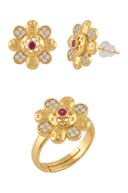 Gold-Toned Earrings and Ring Combo Set with Premium Sparkling Stone Finish for Women & Girls