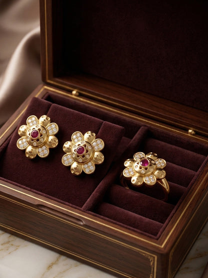 Gold-Toned Earrings and Ring Combo Set with Premium Sparkling Stone Finish for Women & Girls