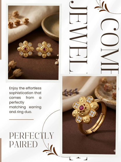 Gold-Toned Earrings and Ring Combo Set with Premium Sparkling Stone Finish for Women & Girls