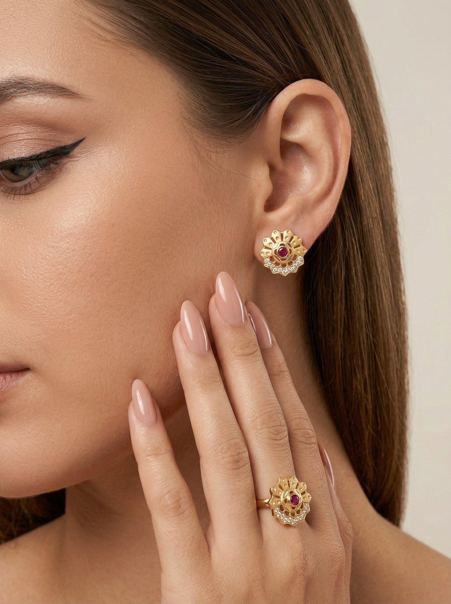 Gold-Toned Earrings and Ring Combo Set with Premium Sparkling Stone Finish for Women & Girls