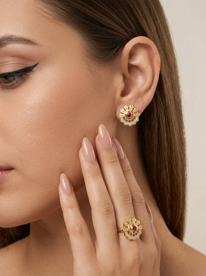 Gold-Toned Earrings and Ring Combo Set with Premium Sparkling Stone Finish for Women & Girls