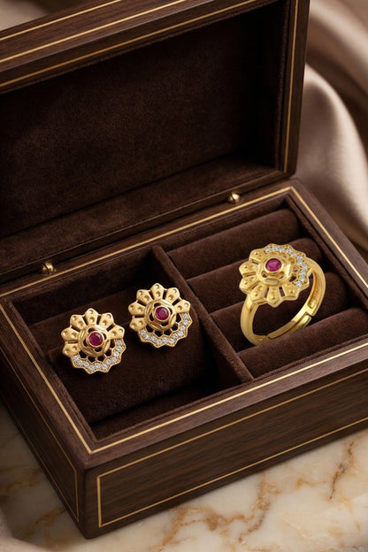 Gold-Toned Earrings and Ring Combo Set with Premium Sparkling Stone Finish for Women & Girls