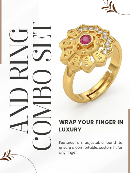 Gold-Toned Earrings and Ring Combo Set with Premium Sparkling Stone Finish for Women & Girls