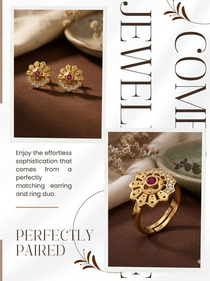Gold-Toned Earrings and Ring Combo Set with Premium Sparkling Stone Finish for Women & Girls