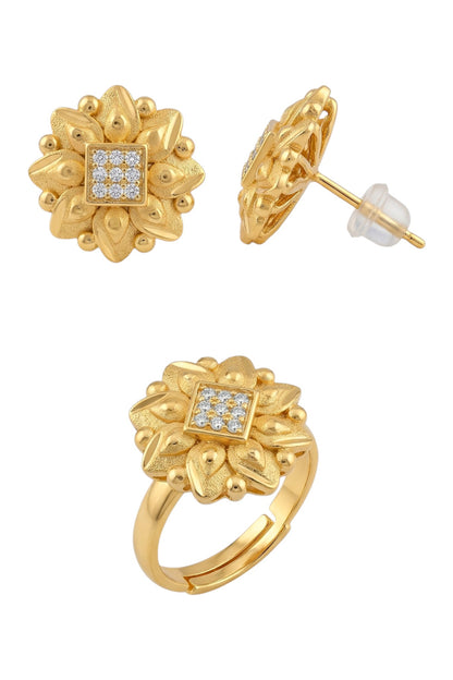 Gold-Toned Earrings and Ring Combo Set with Premium Sparkling Stone Finish for Women & Girls