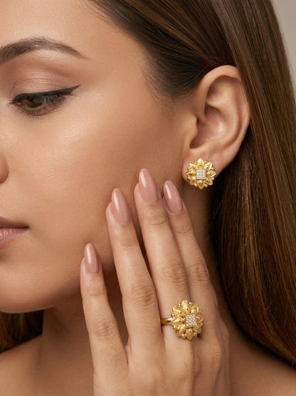 Gold-Toned Earrings and Ring Combo Set with Premium Sparkling Stone Finish for Women & Girls