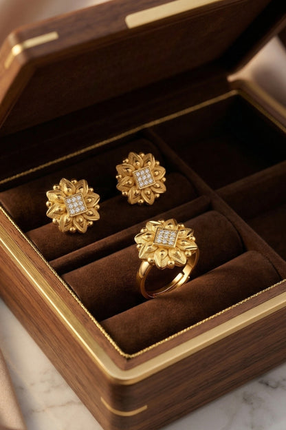 Gold-Toned Earrings and Ring Combo Set with Premium Sparkling Stone Finish for Women & Girls