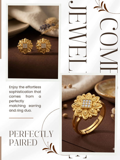 Gold-Toned Earrings and Ring Combo Set with Premium Sparkling Stone Finish for Women & Girls