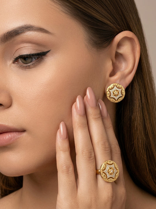 Gold-Toned Earrings and Ring Combo Set with Premium Sparkling Stone Finish for Women & Girls