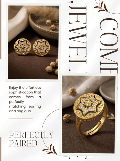 Gold-Toned Earrings and Ring Combo Set with Premium Sparkling Stone Finish for Women & Girls