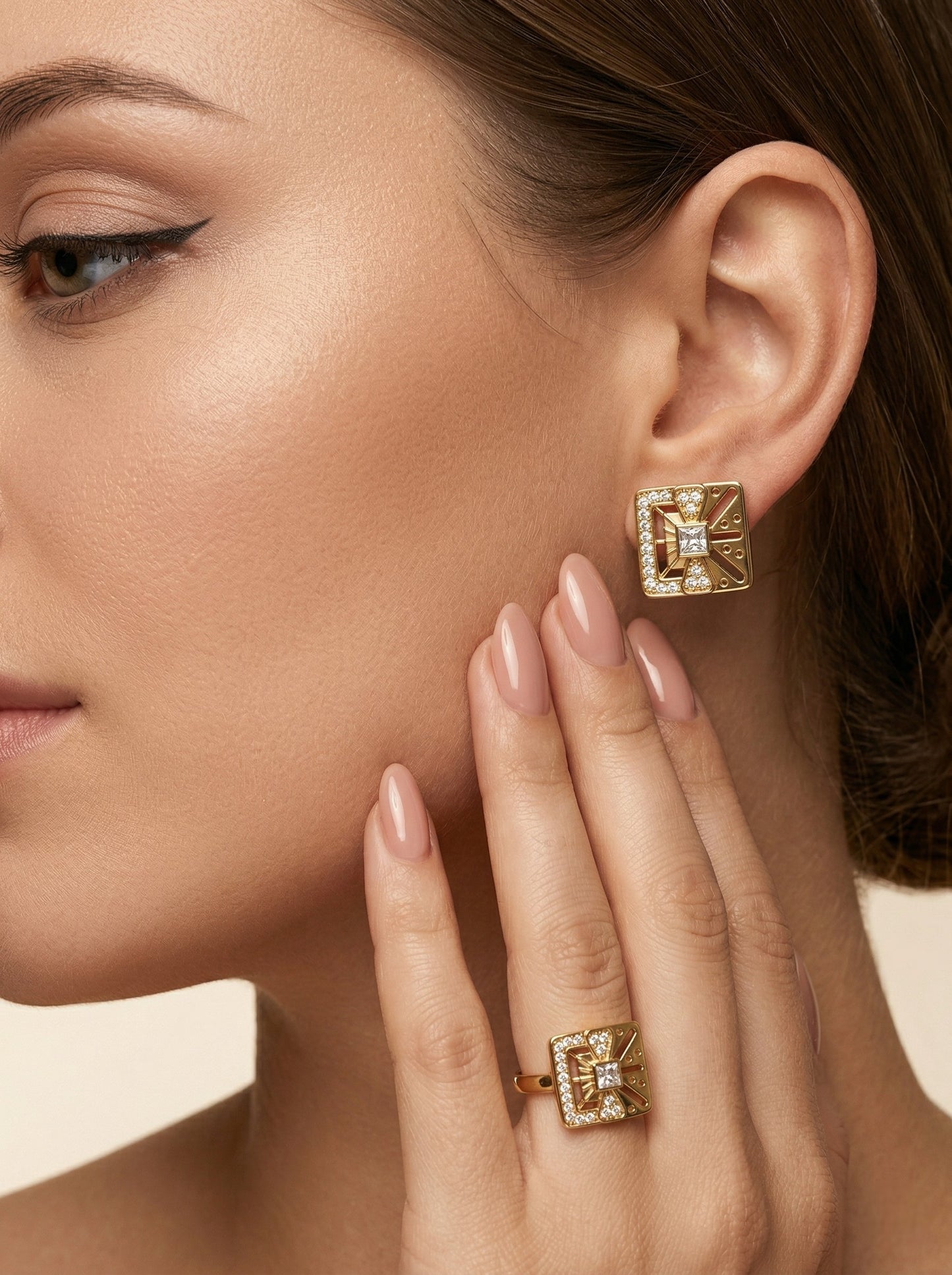 Gold-Toned Earrings and Ring Combo Set with Premium Sparkling Stone Finish for Women & Girls