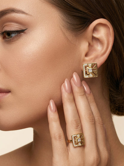 Gold-Toned Earrings and Ring Combo Set with Premium Sparkling Stone Finish for Women & Girls