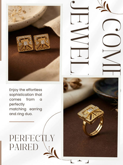 Gold-Toned Earrings and Ring Combo Set with Premium Sparkling Stone Finish for Women & Girls
