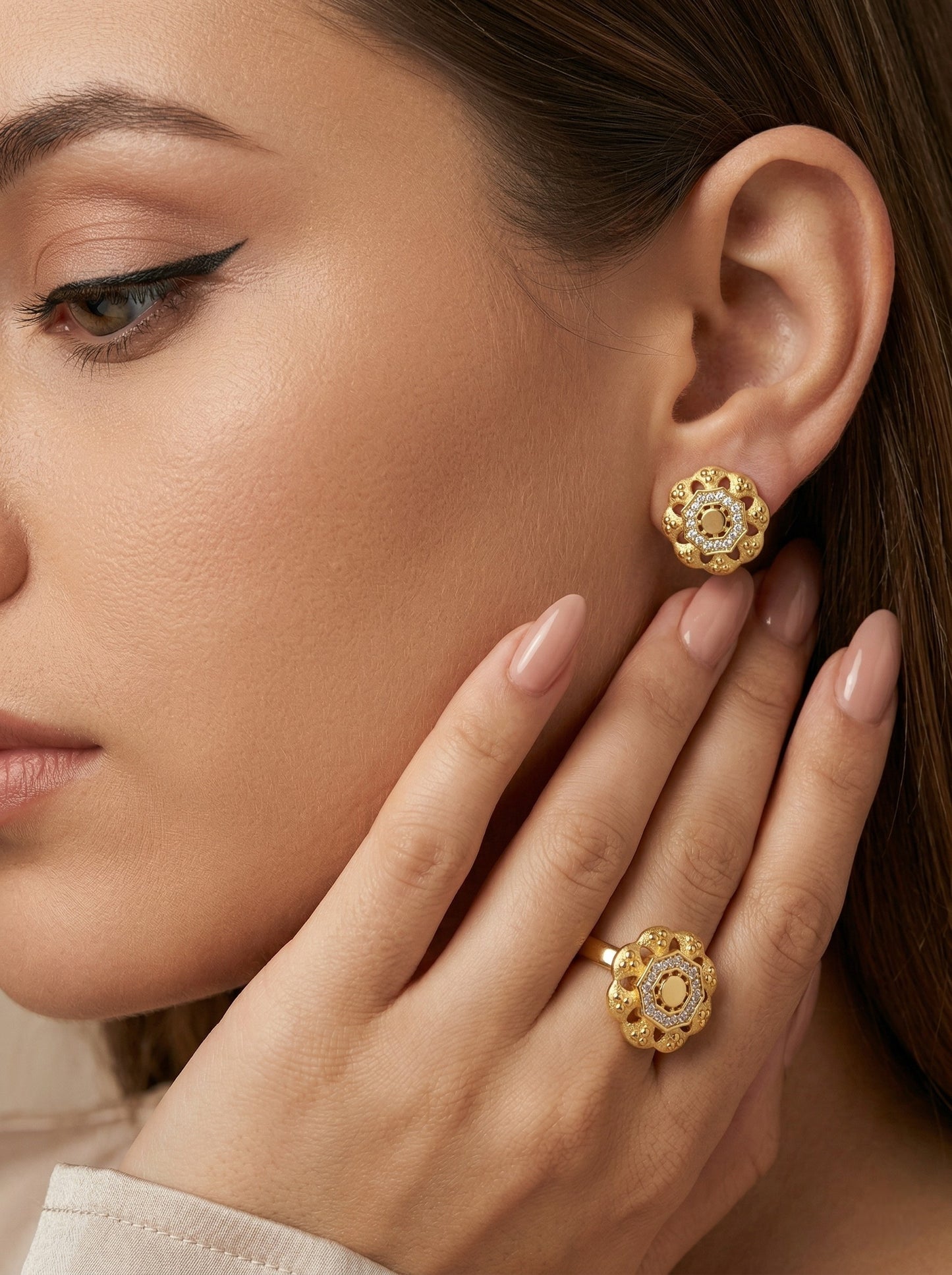 Gold-Toned Earrings and Ring Combo Set with Premium Sparkling Stone Finish for Women & Girls