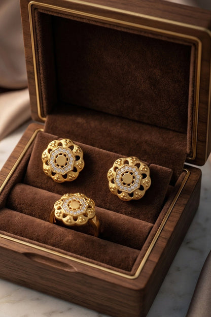 Gold-Toned Earrings and Ring Combo Set with Premium Sparkling Stone Finish for Women & Girls