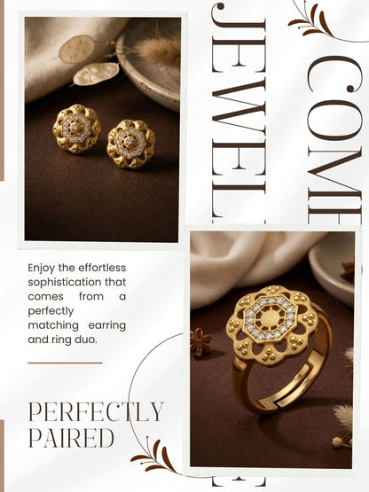 Gold-Toned Earrings and Ring Combo Set with Premium Sparkling Stone Finish for Women & Girls