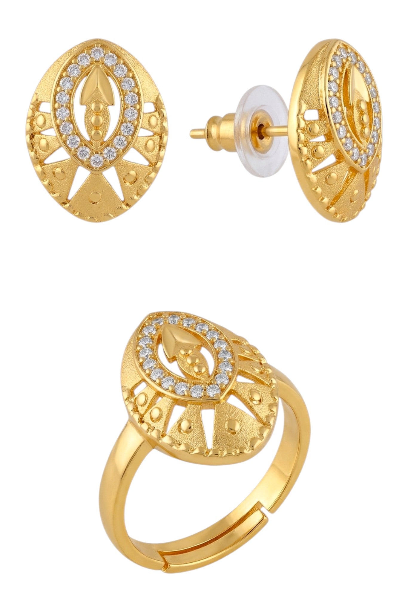 Gold-Toned Earrings and Ring Combo Set with Premium Sparkling Stone Finish for Women & Girls