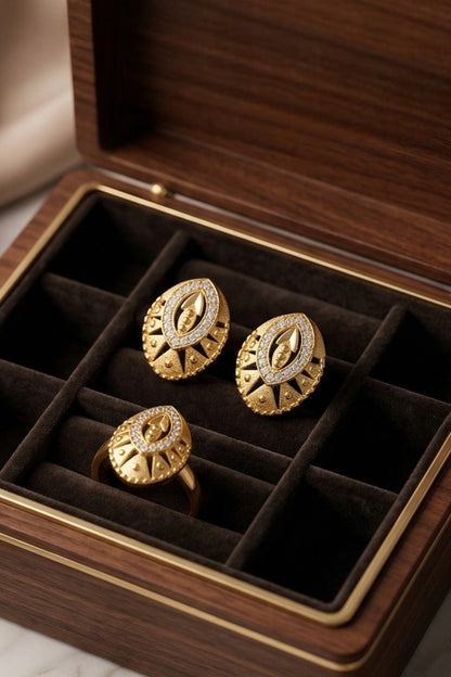 Gold-Toned Earrings and Ring Combo Set with Premium Sparkling Stone Finish for Women & Girls